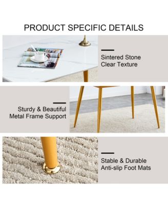 Table and chair set.A morden table with White imitation marble patterned stone burning tabletop with golden metal legs.Paired with 4 chairs with PU leather backrest and black metal legs.