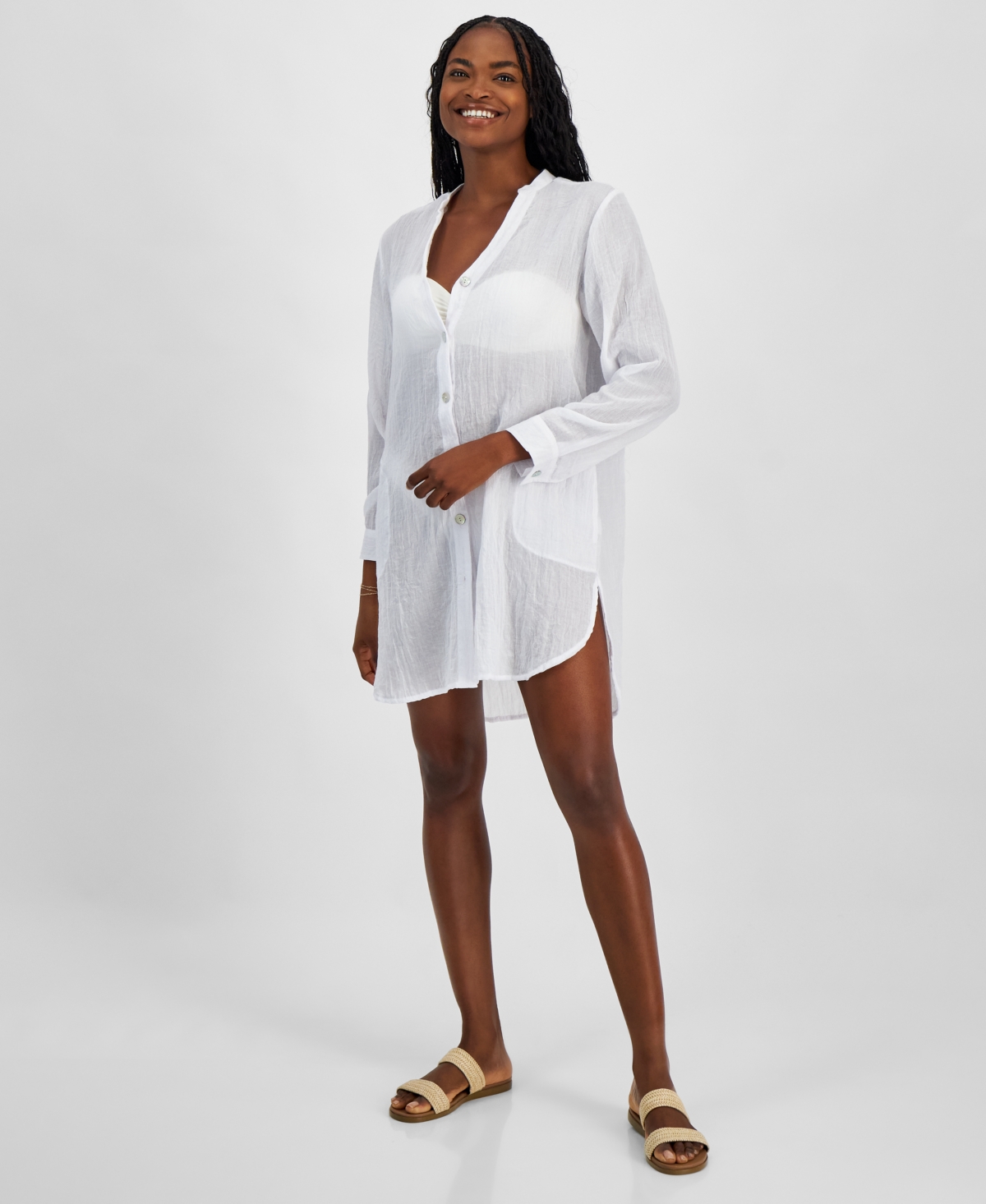 J Valdi Women's Big Shirt Button-front Long-sleeve Swim Cover-up In White