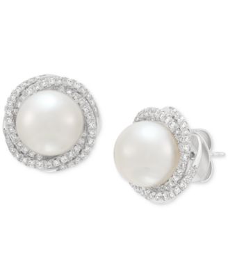 Grown With Love - Cultured Freshwater Pearl (6mm) & Lab Grown Diamond (3/4 ct. t.w.) Love Knot Stud Earrings in 14k White Gold