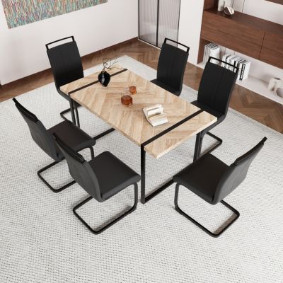 59" Rural Industrial Rectangular MDF Light Wood Dining Table Set and PU Armless Dining Chair Set, 6-piece. Kitchen Black Metal Table Leg Dining Chair Set