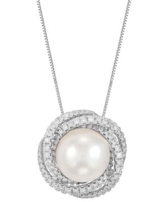Grown With Love - Cultured Freshwater Pearl (11mm) & Lab Grown Diamond (5/8 ct. t.w.) Love Knot 18" Pendant Necklace in 14k White Gold