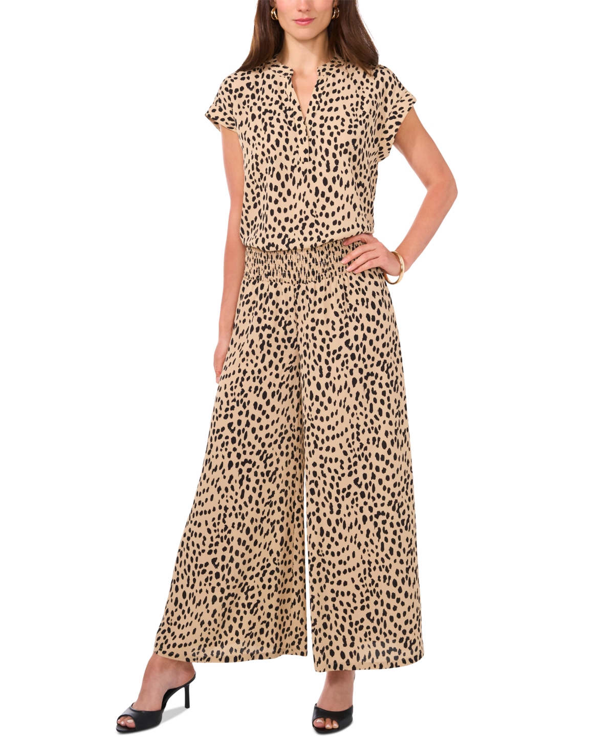 Vince Camuto Women's Animal-Print Split-Neck Short Sleeve Top