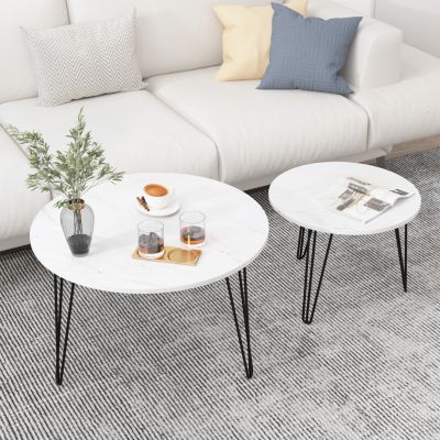 Round Nesting Coffee Table Set (2 Tables), Marble Top, Metal Base