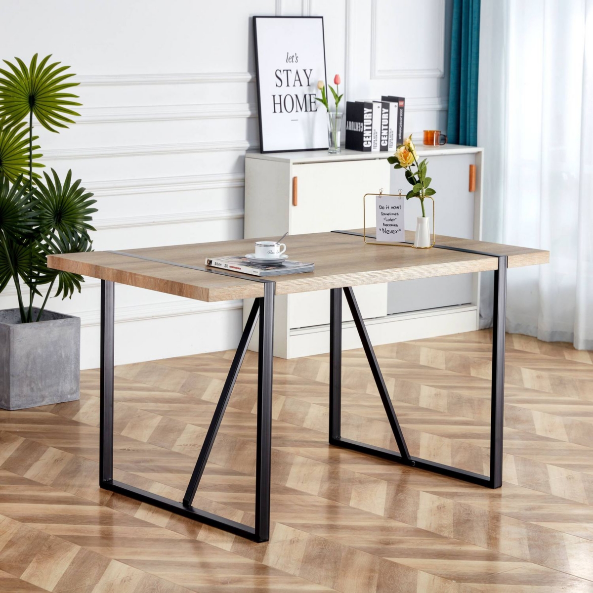 Streamdale Furniture Rustic Industrial Rectangular Wood Dining Table For 4-6 Person, With 1.5" Thick Engineered Wood color Tabletop and Black Metal Le