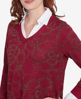 Petite Metallic Floral Layered Shirt Collar V-Neck Sweater
