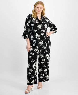 Plus Size Split Neck Floral Flutter Sleeve Top Straight Leg Pants