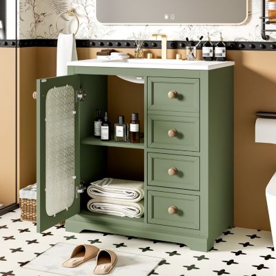 30-inch bathroom vanity with a soft close glass door, adjustable shelves, and three drawers
