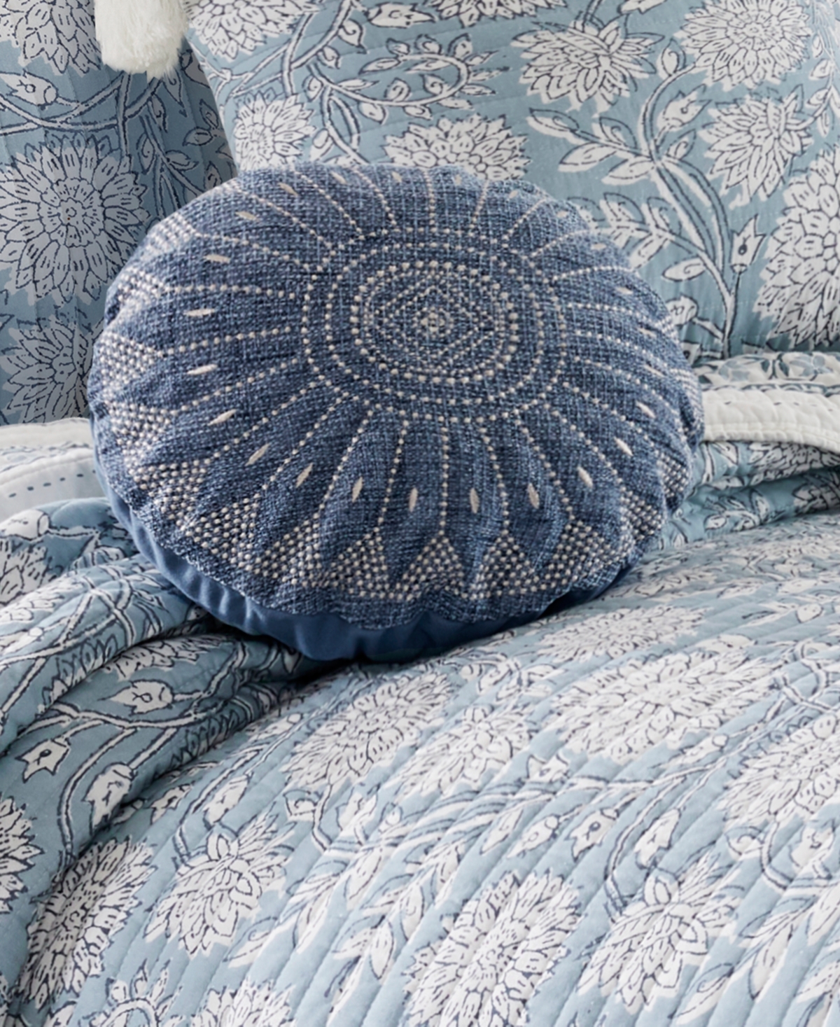 Levtex Adare Embroidered Decorative Pillow, 16" Round In Blue Haze