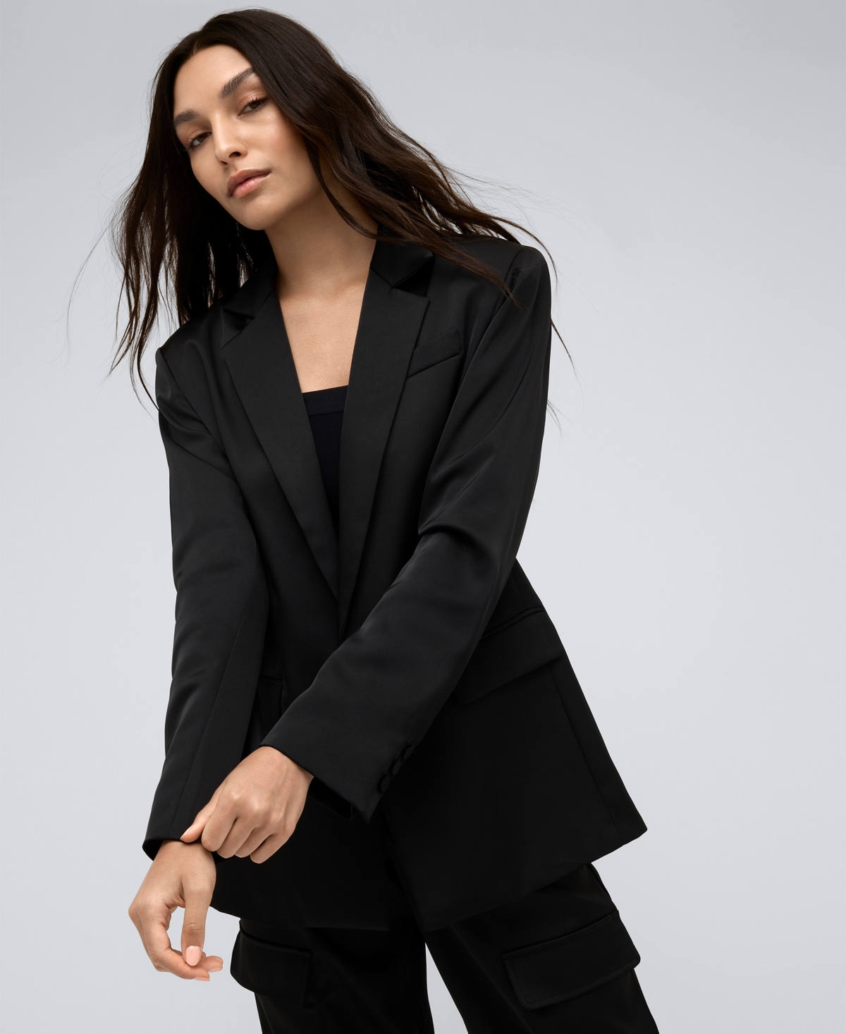 Women's One Button Notch Collar Satin Jacket - Black