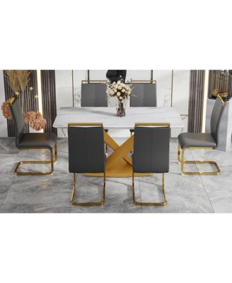 Table and chair set, The table is equipped with a marble patterned MDF tabletop and gold table legs.The chair is equipped with PU synthetic leather high back cushion and gold coated metal legs.