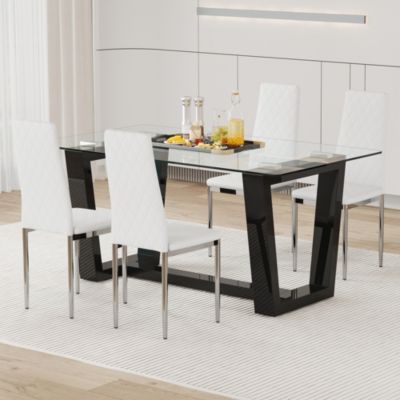 Table and chair set.A rectangular dining table features with tempered glass top and sleek black MDF stand.Paired with 4 PU chairs with checkered armless high back and electroplated metal legs.