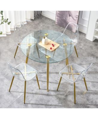 A glass tabletop with a diameter of 40 inches and a modern minimalist circular dining table with gold plated metal legs. 40 ' 40' 30 ' DT-1164