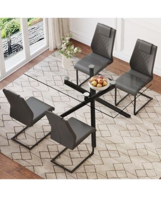Table and chair set.Modern Rectangular Glass Dining Table with 0.39" tempered Glass Tabletop and Black Metal Legs.Paired with multiple chairs designed with PU cushions and black metal legs.