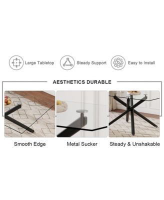 Table and chair set.Modern Rectangular Glass Dining Table with 0.39" tempered Glass Tabletop and Black Metal Legs.Paired with multiple chairs designed with PU cushions and black metal legs.
