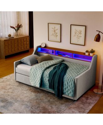 Twin Size Upholstery Sofa Bed with Three LED lights, with Storage Adjustable Headboard, with Foldable Leg Pull up Trundle Bed and Wireless Charging, Linen Padded Sofa Bed frame, Beige