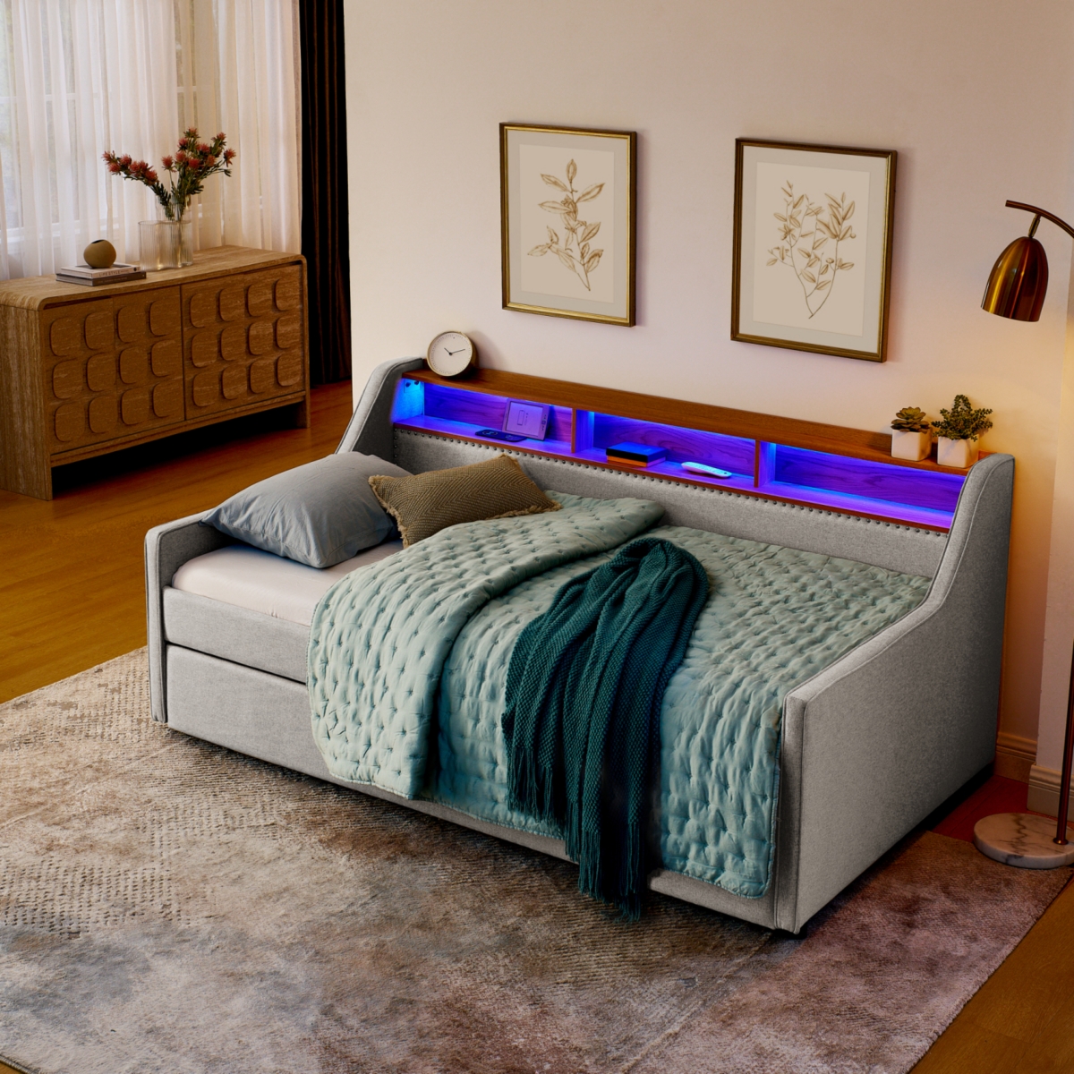 Streamdale Furniture Twin Size Upholstery Sofa Bed with Three Led lights, with Storage Adjustable Headboard, with Foldable Leg Pull up Trundle Bed and