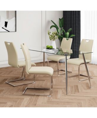 Modern simple rectangular glass dining table, solid tempered glass tabletop, electroplated table legs, light yellow PU dining chair set, suitable for restaurant kitchen use (set of 5)