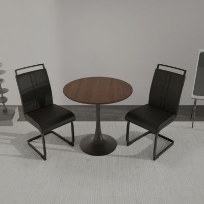 Walnut Circular Table w/ 2 Metal Leg PU Dining Chairs