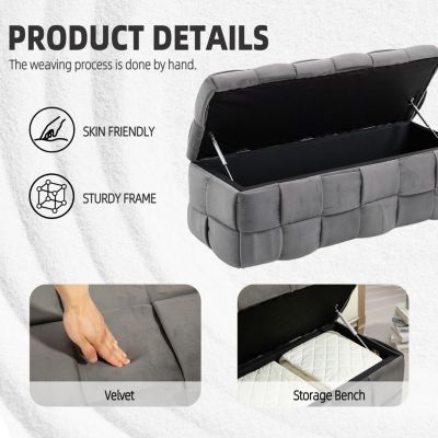 Storage Ottoman, Bedroom End Bench, Upholstered Fabric Storage Ottoman with Safety Hinge, Entryway Padded Footstool, Ottoman Bench for Living Room & Bedroom (Gray)