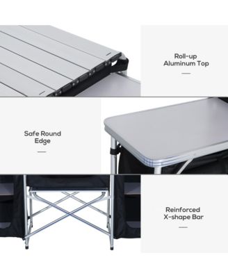 Aluminum Portable Camping Kitchen Fold-Up Cooking Table With Windscreen and 3 Enclosed Cupboards for BBQ, Party, Picnics, Backyards