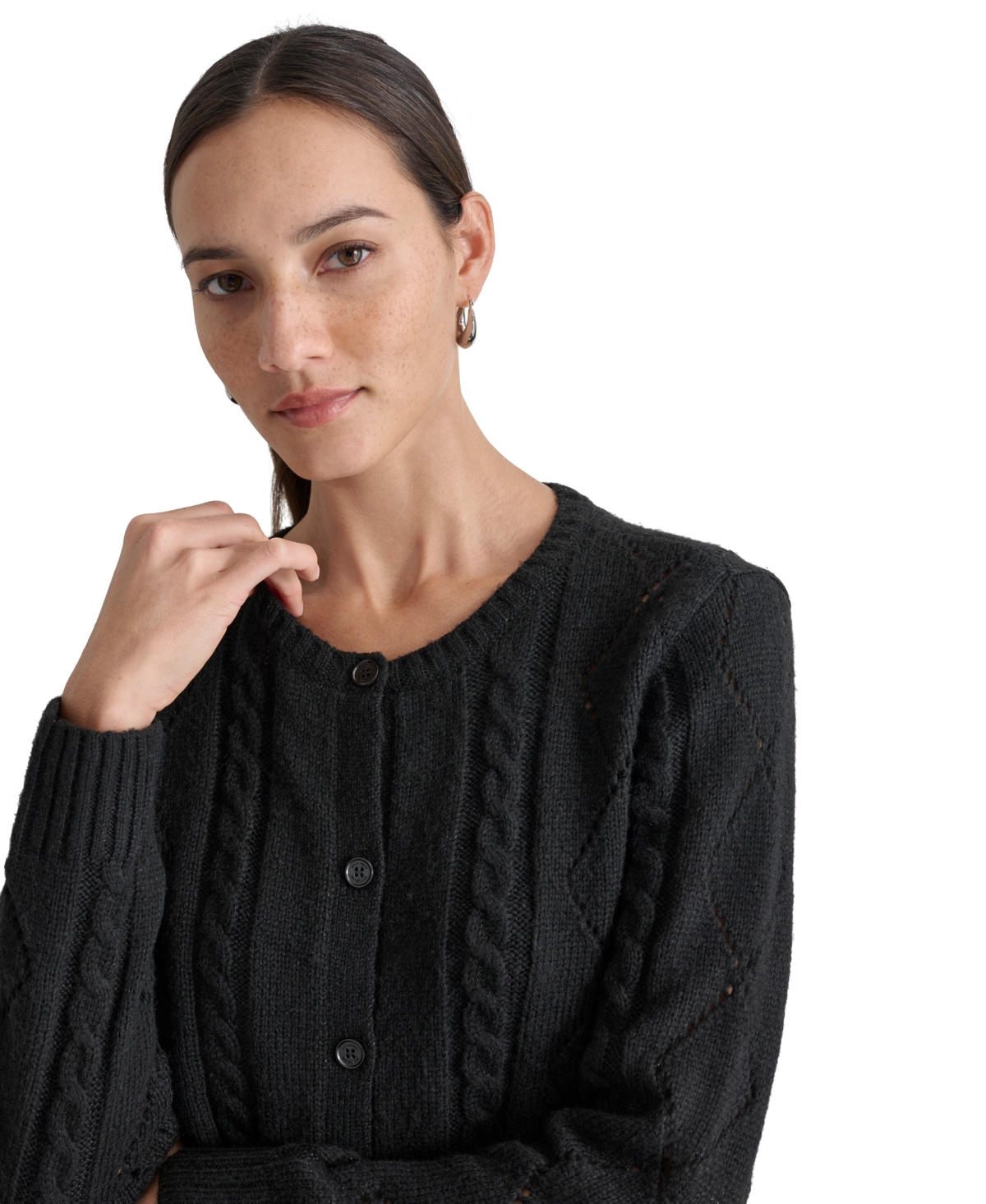 Dkny Jeans Women's Diamond Pointelle Long-Sleeve Cardigan -ANTIQUE BLACK