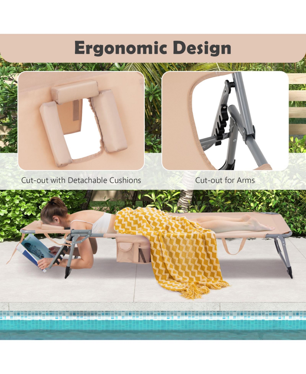 Inolait Folding Beach Lounge Chair with Pillow for Outdoor -khaki
