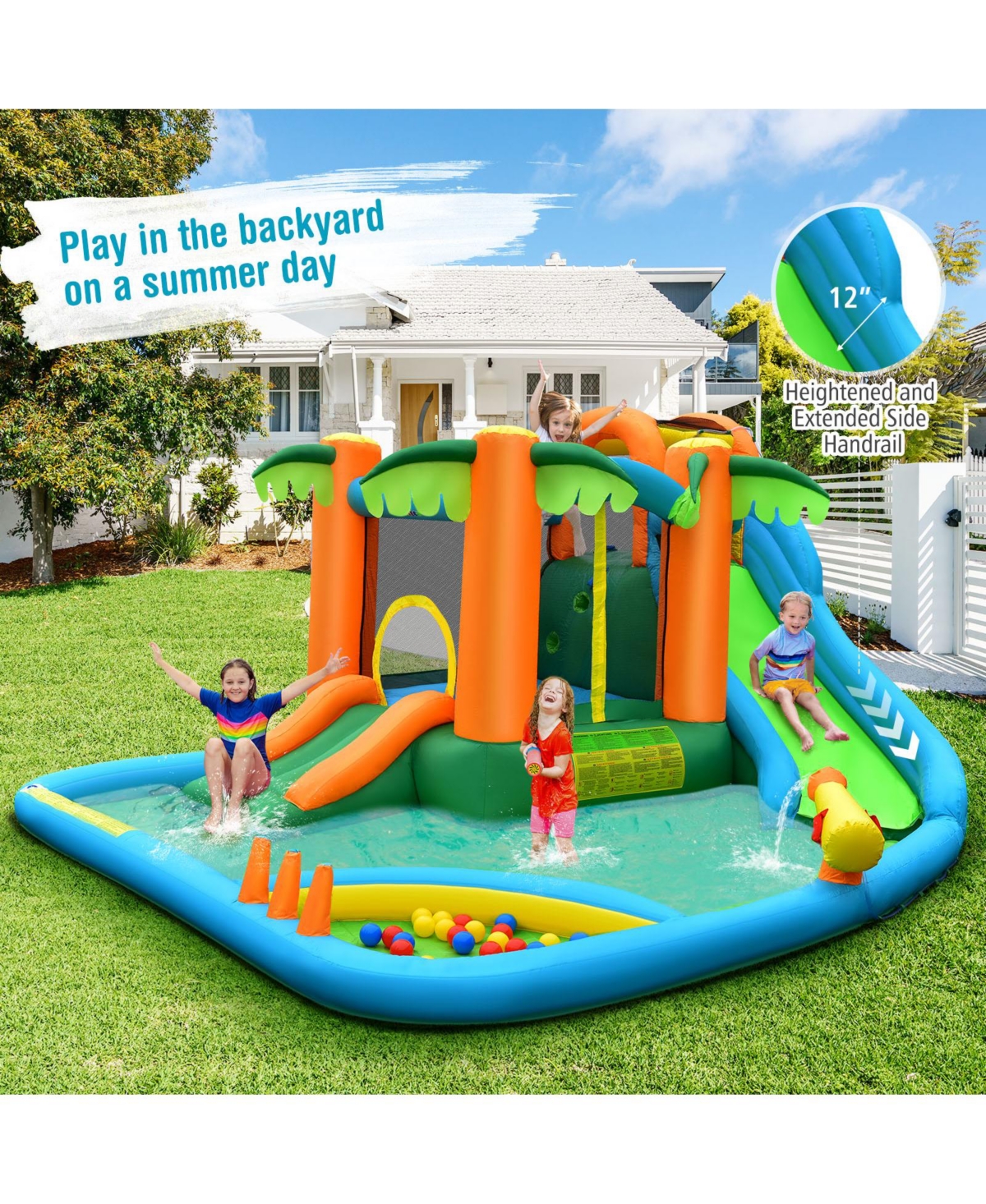 Inolait 7-in-1 Inflatable Water Slide Park with Trampoline Climbing and 750W Blower