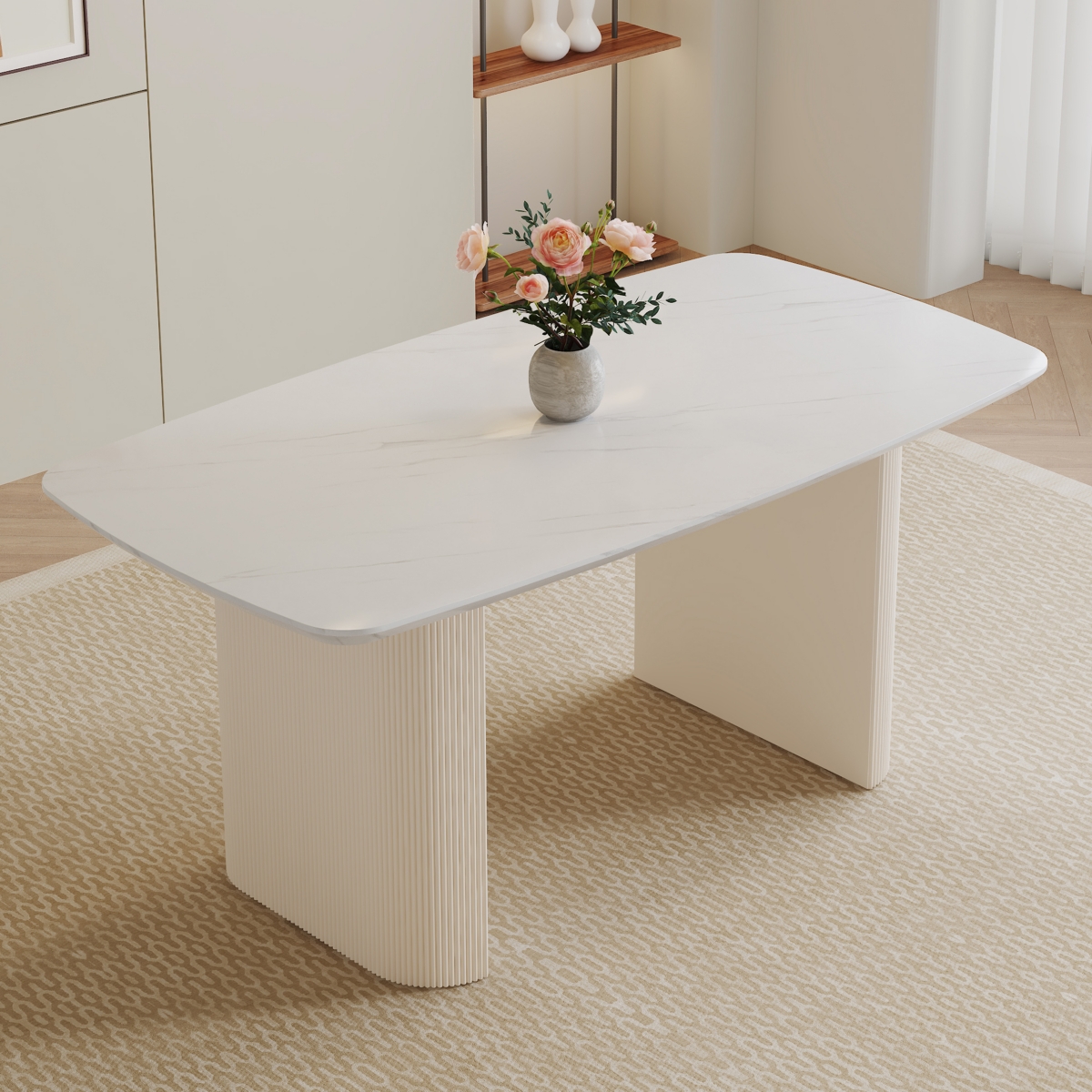 Streamdale Furniture Cream style Mdfdining table.It is a furniture with a warm and soft appearance, suitable for creating a comfortable and fri