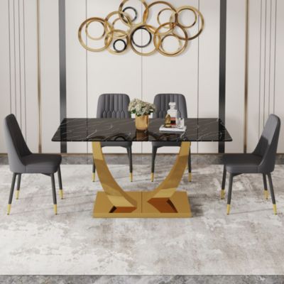 Table and chair set.Modern rectangular dining table with black textured stickers glass tabletop and gold plated metal legs.Paired with 4 comfortable chairs with PU seats and black metal legs.