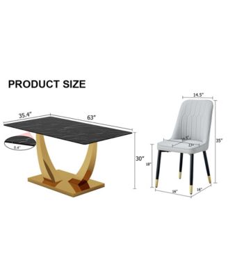 Table and chair set.Modern rectangular dining table with black textured stickers glass tabletop and gold plated metal legs.Paired with 6 comfortable chairs with PU seats and black metal legs.