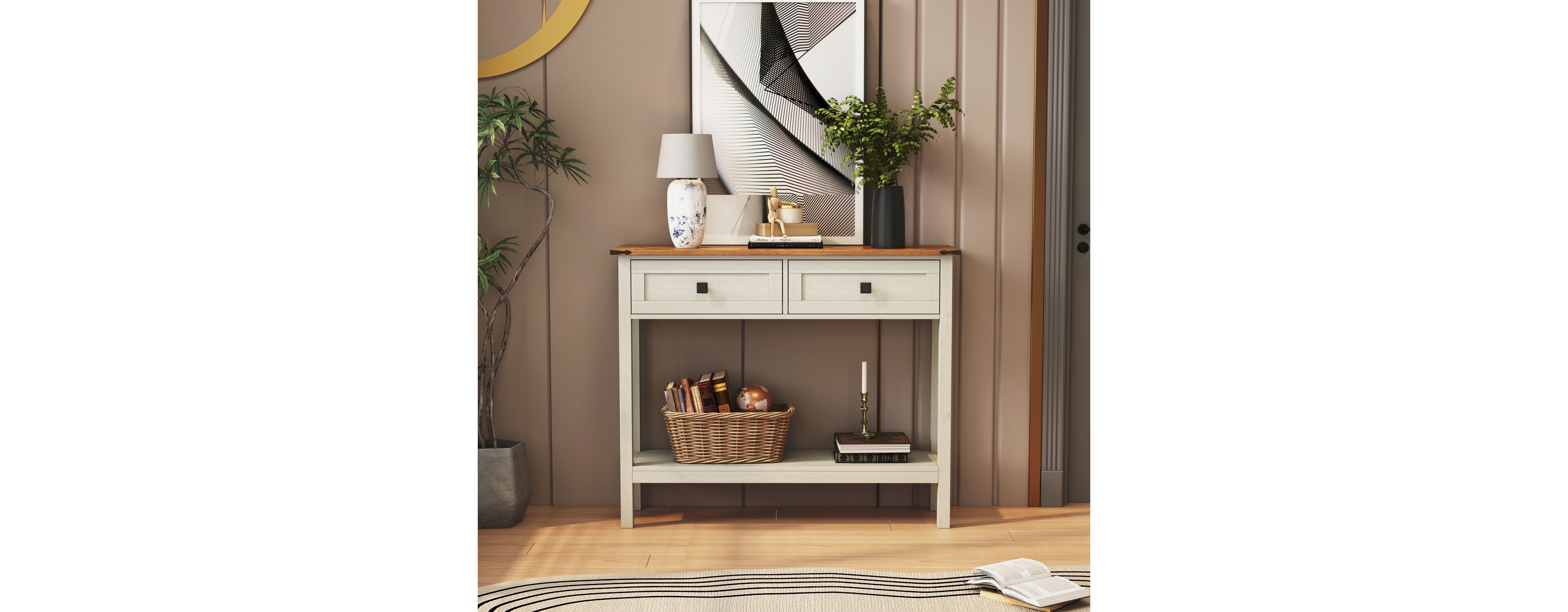 Streamdale Furniture Farmhouse Style Console Table with 2 Drawer and Bottom Storage Shelf for Entryway, Rustic Side Table with Storage Drawer and Shel