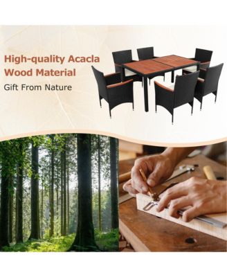 7-Piece Outdoor Patio Dining Set, Garden PE Rattan Wicker Dining Table and Chairs Set, Acacia Wood Tabletop, Stackable Armrest Chairs with Cushions, Reddish-brown