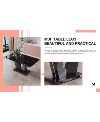 Table and chair set, Modern minimalist rectangular dining table, 0.4 inch thick, with a black imitation marble pattern glass desktop and black MDF legs. Comfortable PU seats, perfect for dinner, meet