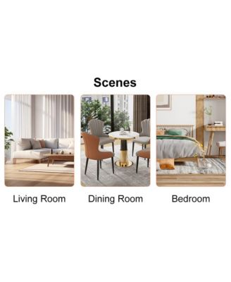 Table and chair set.Modern dining table, tempered glass countertop with artistic MDF legs.Paired with 6 comfortable chairs with PU seats and metal legs. Suitable for various decoration styles.