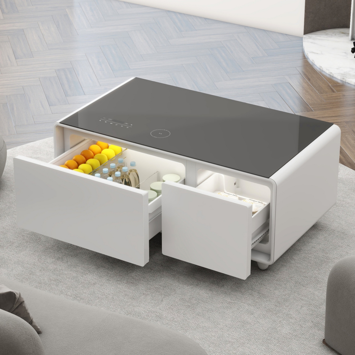 Streamdale Furniture Modern Smart Coffee Table with Built-in Fridge, Bluetooth Speaker, Wireless Charging, Touch Control Panel, Usb Ports, Outlet Prot
