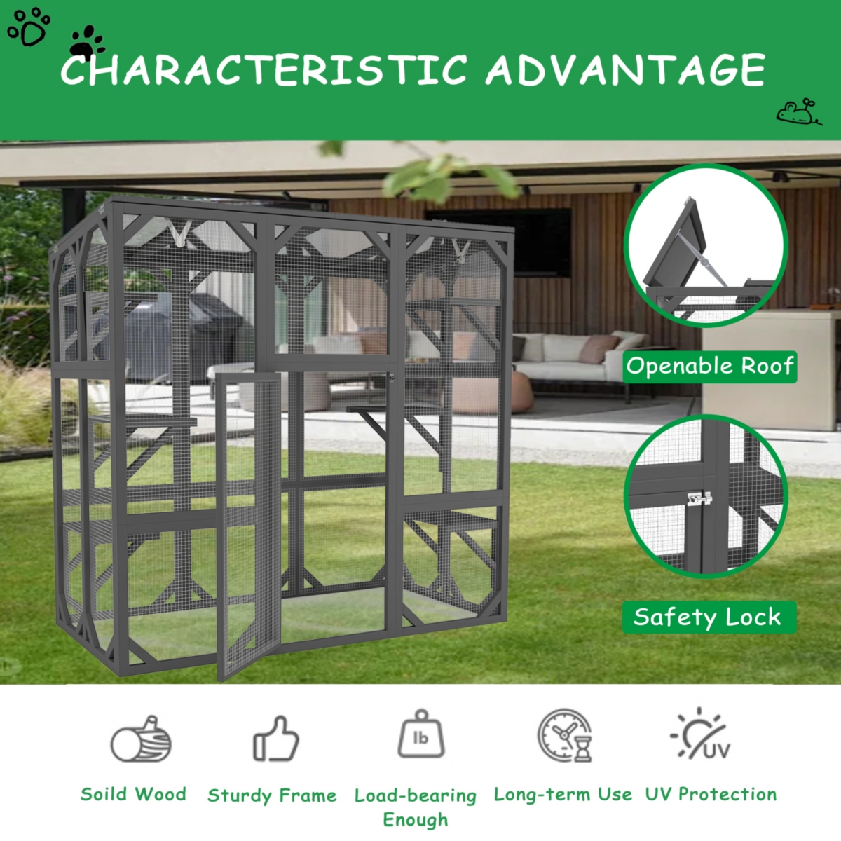 Streamdale Furniture Catio Outdoor Cat Enclosure Cat House Wooden Cat Cage Large Feral Cat Shelter for Mulitiple Cats with Six Platforms, Large Enter