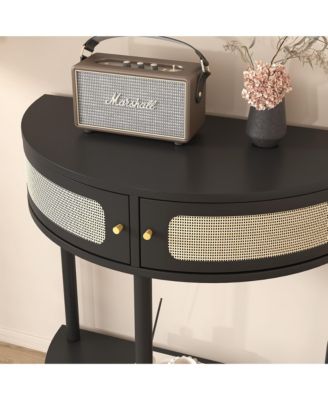 Semicircle Sofa Side Table with Rattan Storage