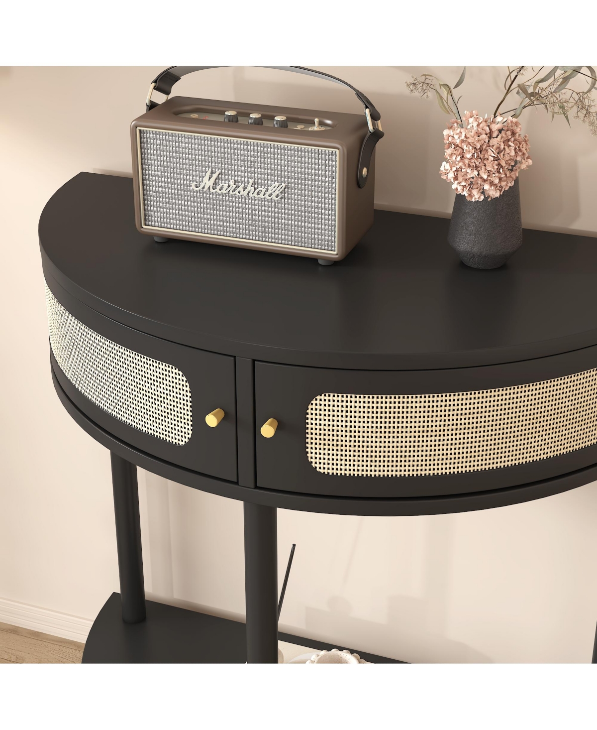 Streamdale Furniture Unique Half Moon Design End Table with Rattan Door, Elegant Semicircle Sofa Side Table with 2 Rattan Storage Cabinet and Bottom S