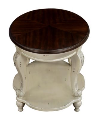 Two Tone Round End Table, Shelf, Beige/Espresso