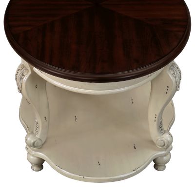Two Tone Round End Table, Shelf, Beige/Espresso