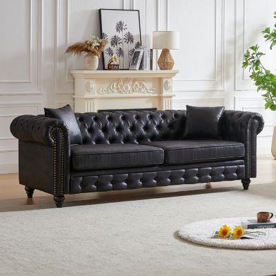 85.5" Living Room with Tech Fabric Chesterfield Sofa with Rolled Arms 3 Seater Sofa with Button Design and 2 Cushions for Apartment, Office, Living Room