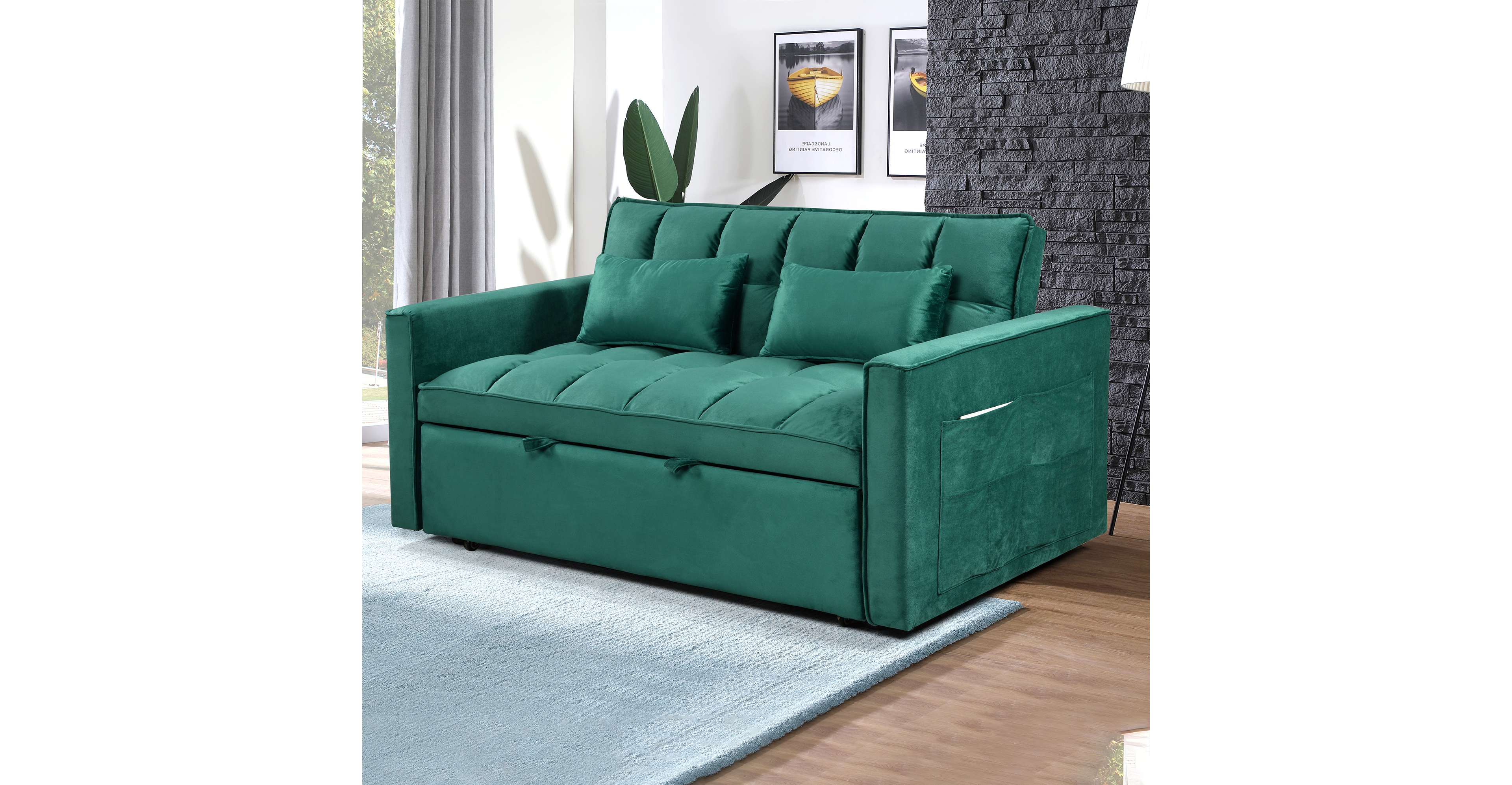 Streamdale Furniture Modern flannel double sofa with folding bed, small double sofa with three in one convertible sofa bed