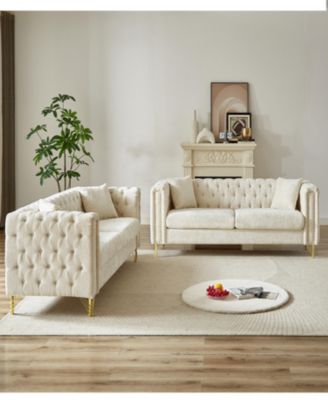 Chenille Pull Buckle Design Sofa for Living Room, Buttons Tufted With Copper Nail Decoration Armrest, Modern Couch Upholstered Button And Metal Legs