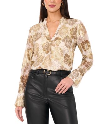 Vince Camuto - Women's Metallic-Print Split-Neck Wide-Cuff Blouse