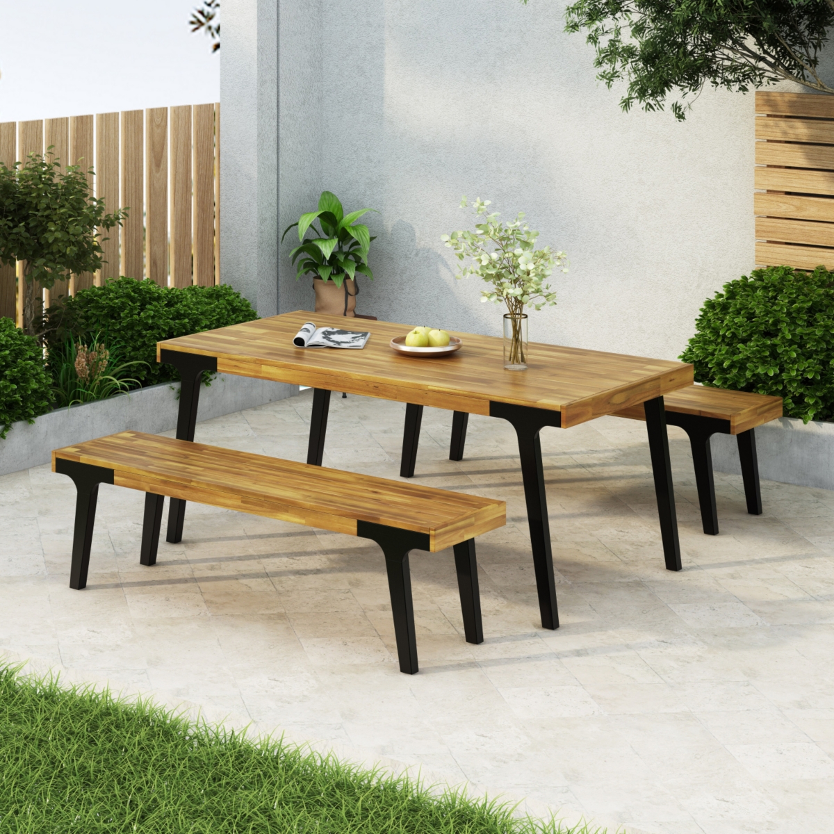 Streamdale Furniture Acacia Wood Outdoor Dining Set: Table And 2 Benches, Uv And Rust-Resistant