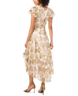 Women's Metallic Print V-Neck Flutter-Sleeve Midi Dress