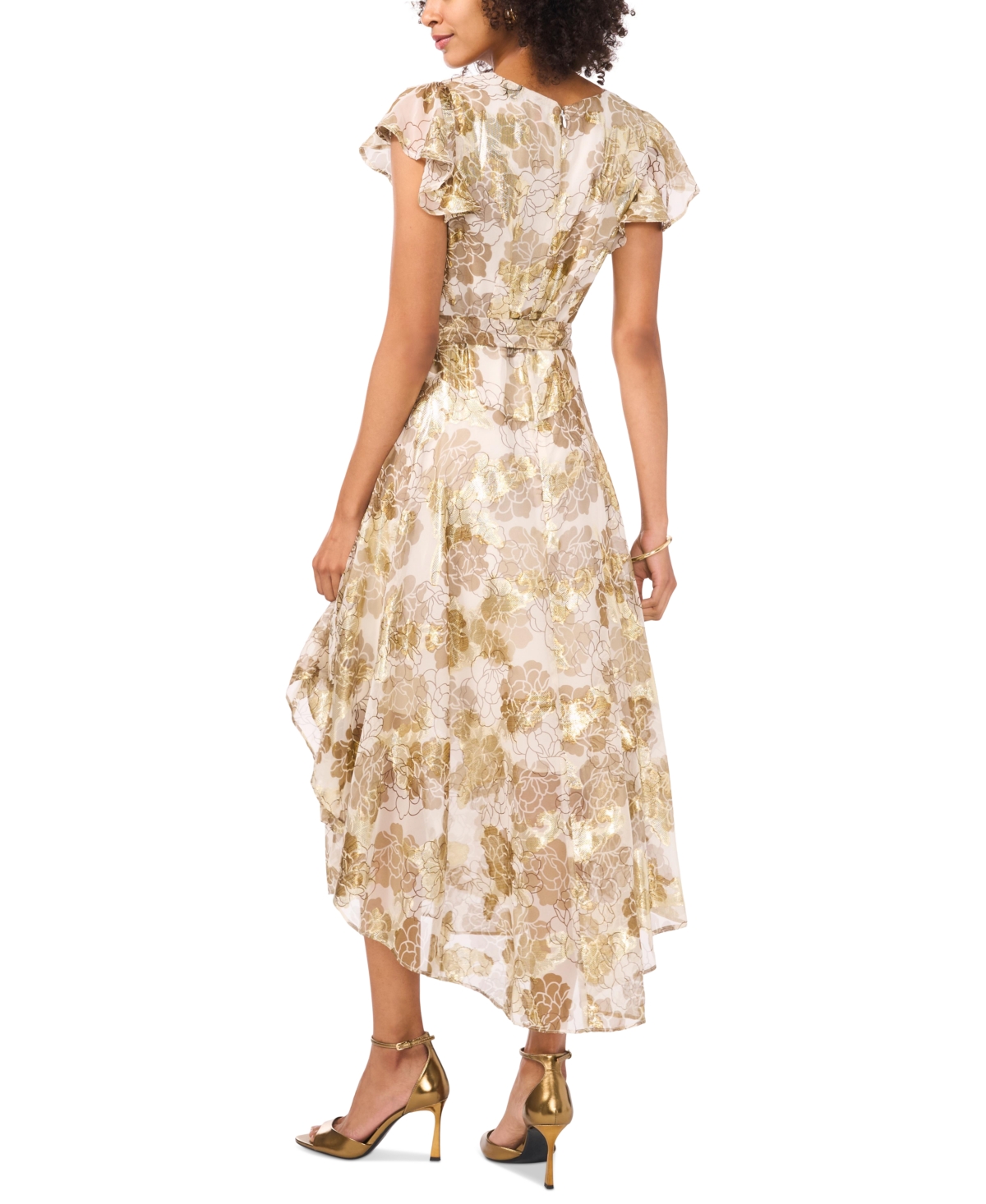 Vince Camuto Metallic Floral Print Flutter Midi Dress In Turtle Dove