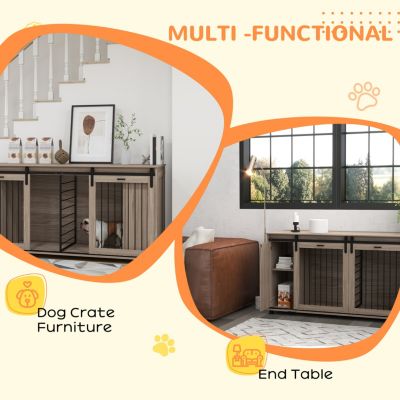 Dog Crate Furniture with Removable Divider for 2 Small Dogs or 1 Large Dog, 71" Modern Dog Kennel Furniture End Table with Storage, Double Doors, Walnut