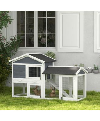 58" Rabbit Hutch, Wooden Bunny Hutch, Guinea Pig Cage, Small Animal Enclosure with Run Area, Removable Tray, Asphalt Roof, Lockable Doors and Ramp, Gray