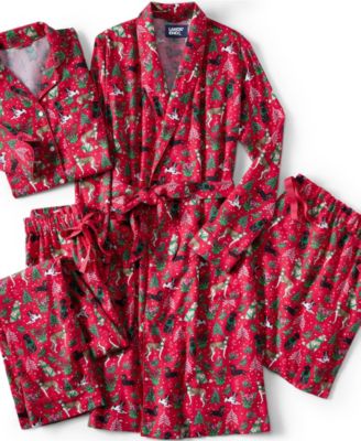 Women's Drapey Flannel 4 Piece Pajama Set - Long Sleeve Top and Pants Robe and Bag